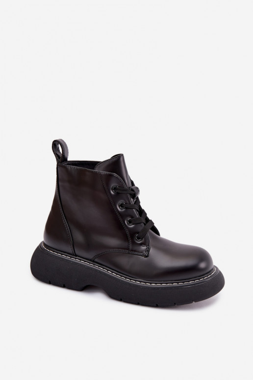 Ocieplane Botki Damskie Na Platformie Sznurowane Czarne Harmine