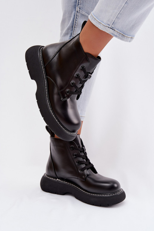 Women's Insulated Platform Ankle Boots Lace-Up Black Harmine