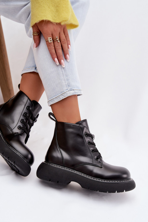 Women's Insulated Platform Ankle Boots Lace-Up Black Harmine