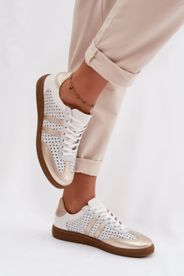 Skórzane Ażurowe Sneakersy Damskie Zazoo N1318 Srebrno-Złote