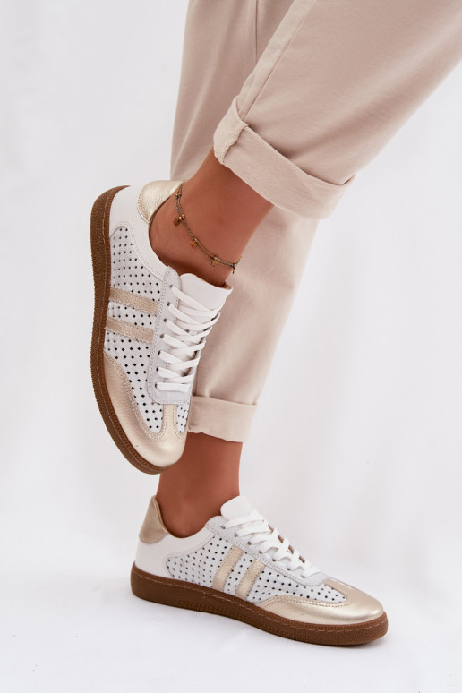 Leather Perforated Women's Sneakers Zazoo N1318 Silver-Gold