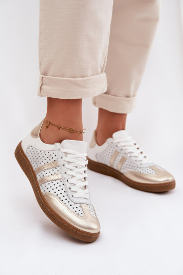 Skórzane Ażurowe Sneakersy Damskie Zazoo N1318 Srebrno-Złote 2