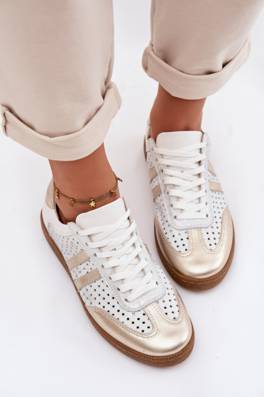 Leather Perforated Women's Sneakers Zazoo N1318 Silver-Gold
