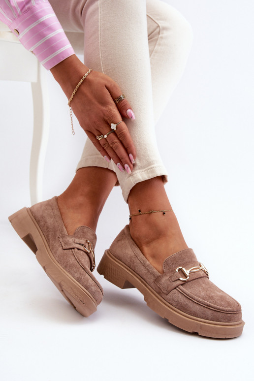 Women's Loafers with Gold Decoration Eco Suede Brown Lighas