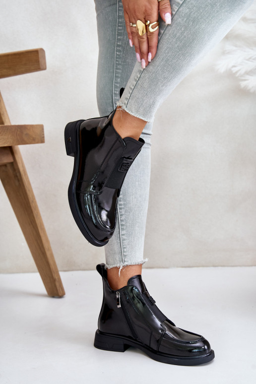 Leather Patent Ankle Boots For Women With Zipper D&A JC42-24 Black