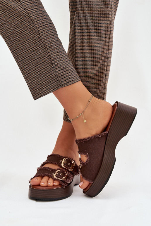 Women's Platform Slippers with Gold Clamps Chocolate Renelisse