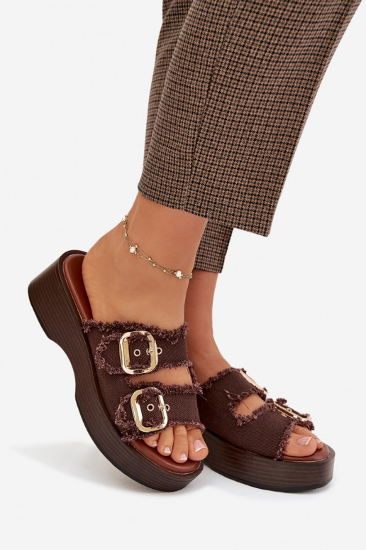 Women's Platform Slippers with Gold Clamps Chocolate Renelisse