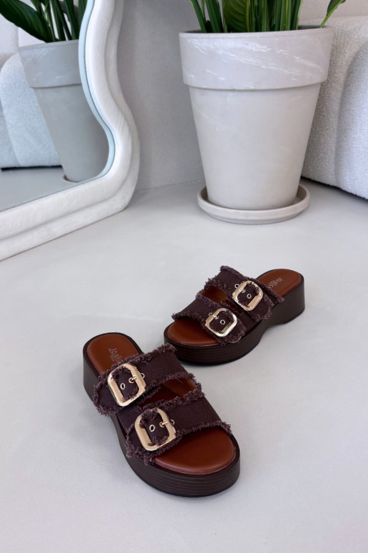 Women's Platform Slippers with Gold Clamps Chocolate Renelisse