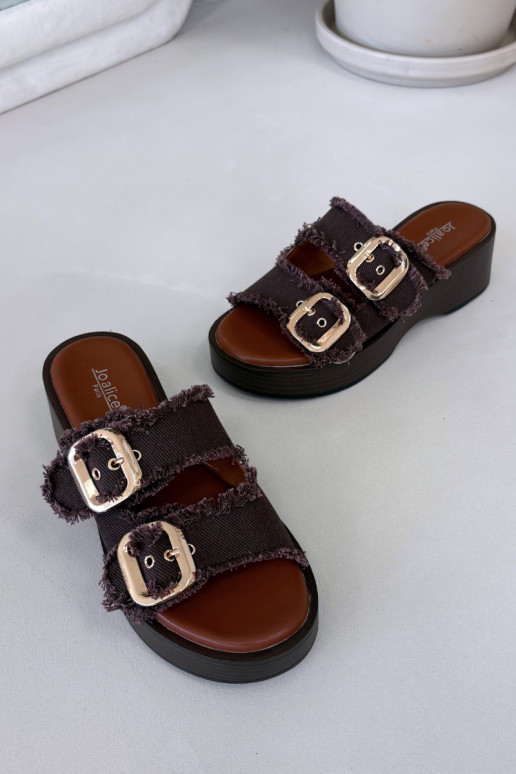 Women's Platform Slippers with Gold Clamps Chocolate Renelisse