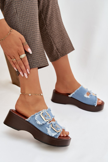 Women's Platform Slippers with Gold Clamps Blue Renelisse