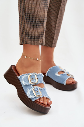 Women's Platform Slippers with Gold Clamps Blue Renelisse 2