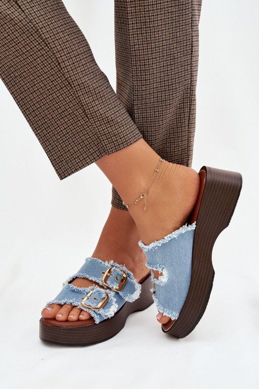 Women's Platform Slippers with Gold Clamps Blue Renelisse