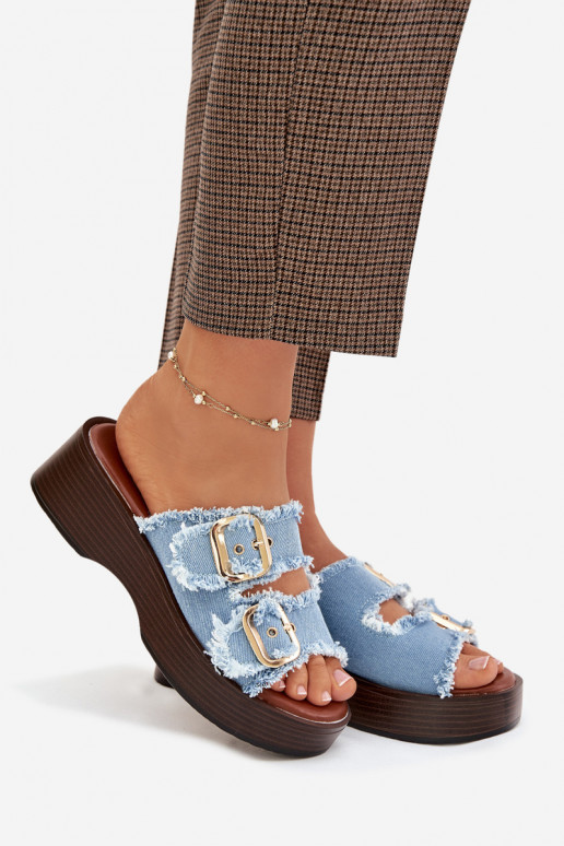 Women's Platform Slippers with Gold Clamps Blue Renelisse