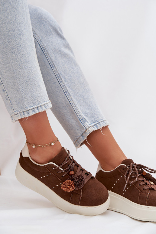 Women's Platform Sneakers with Decorative Pompons Chocolate Corinna
