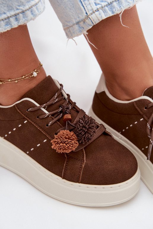 Women's Platform Sneakers with Decorative Pompons Chocolate Corinna