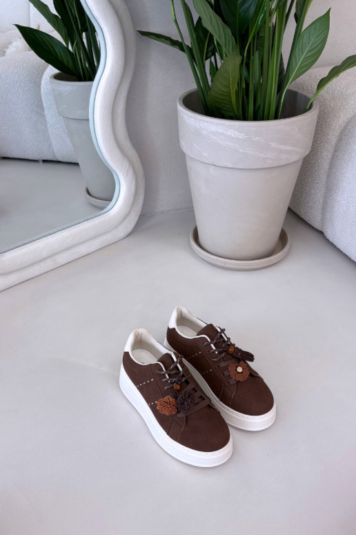 Sneakersy Damskie Na PlatformiewithOzdobnymi Pomponami Czekoladowe Corinna