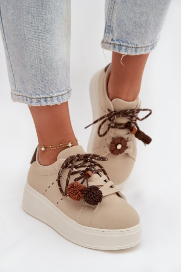 Women's Platform Sneakers with Decorative Pompons Beige Corinna