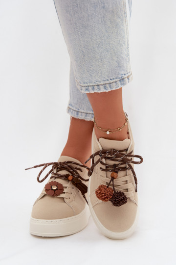 Women's Platform Sneakers with Decorative Pompons Beige Corinna 2