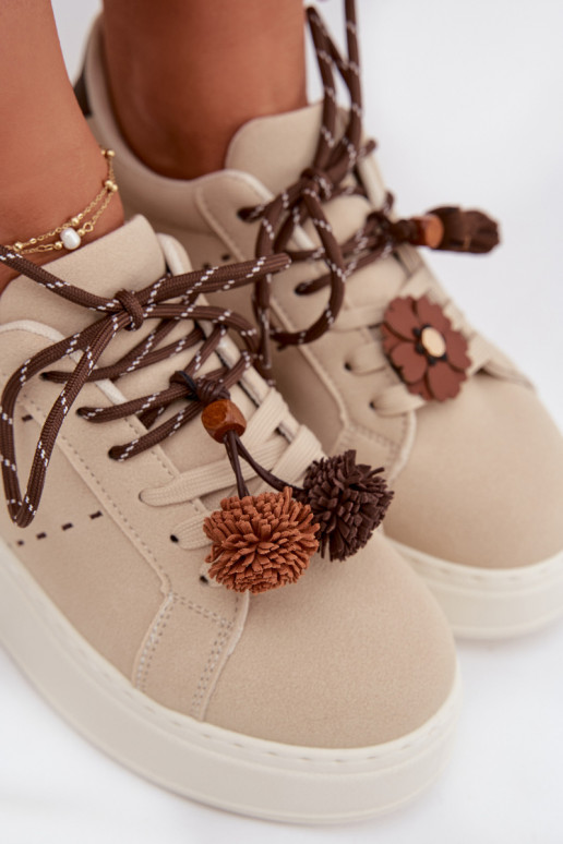 Women's Platform Sneakers with Decorative Pompons Beige Corinna