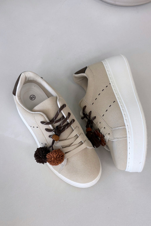 Women's Platform Sneakers with Decorative Pompons Beige Corinna