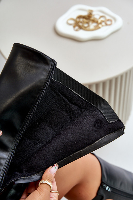 Damskie Ocieplane Kozaki Na Płaskim Obcasie Ze Złotą Klamrą Czarne Arsisna