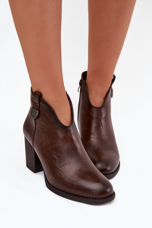 Insulated women's ankle boots on a heel made of eco leather chocolate Italian