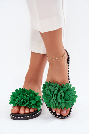 Ladies flip flops decorated with flowers green Cellanen 2