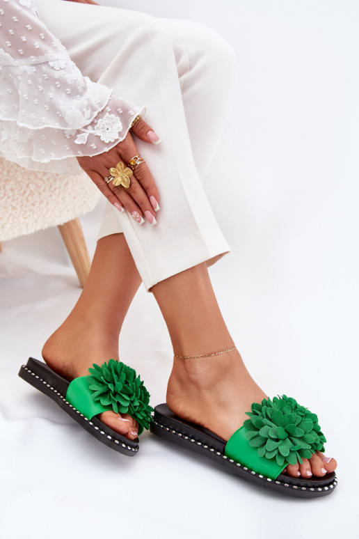 Klapki Damskie Ozdobione Kwiatami Zielone Cellanen