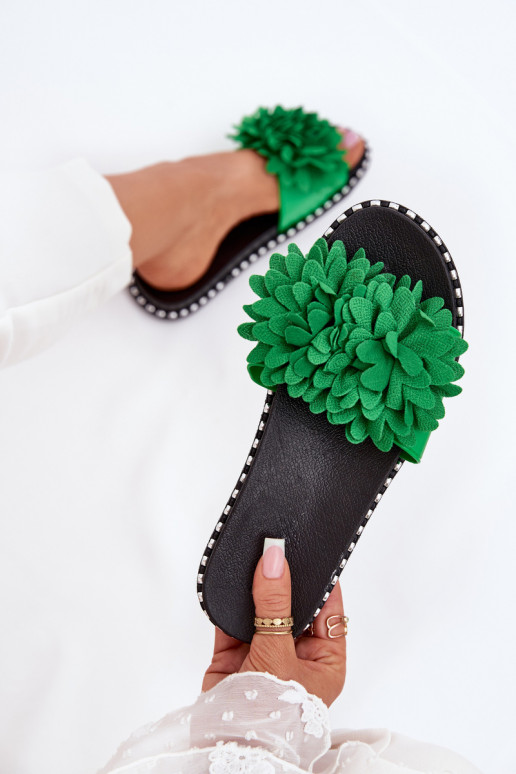 Klapki Damskie Ozdobione Kwiatami Zielone Cellanen