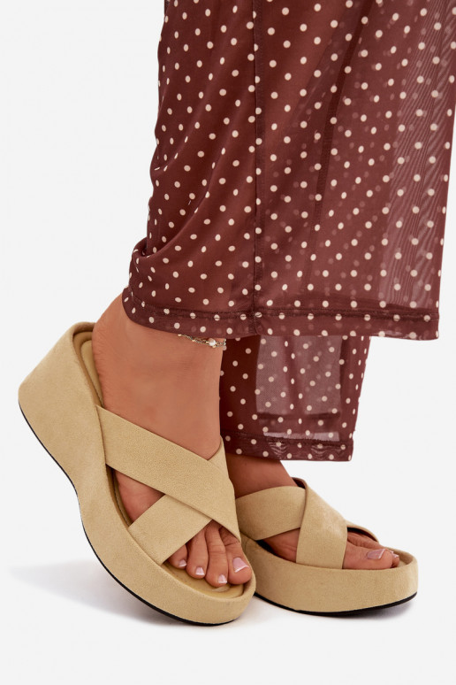 Klapki Damskie Na KoturniewithEko Zamszu Żółte Calorine