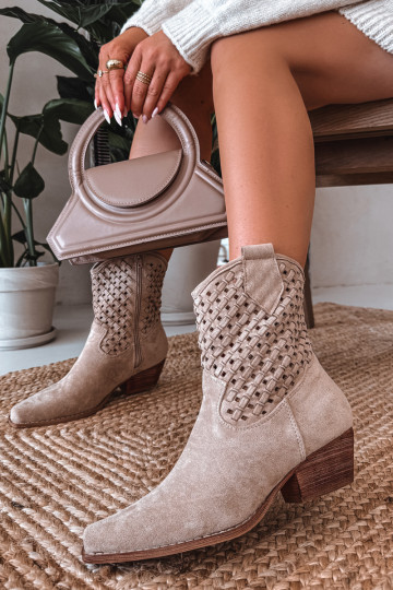 Beige Openwork High Heel Ankle Boots by Ferissa