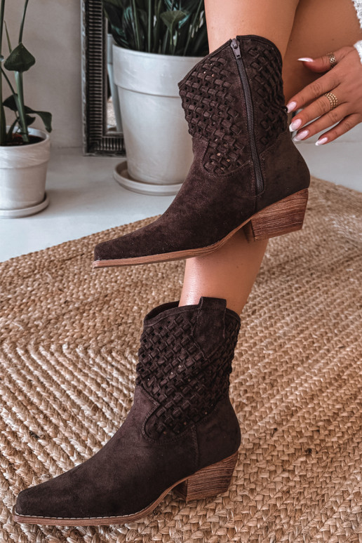 Ażurowe Botki Damskie Na Obcasie Czekoladowe Ferissa