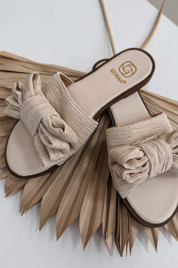 Women's Flat Heel Beige Bow Slippers Amivelle