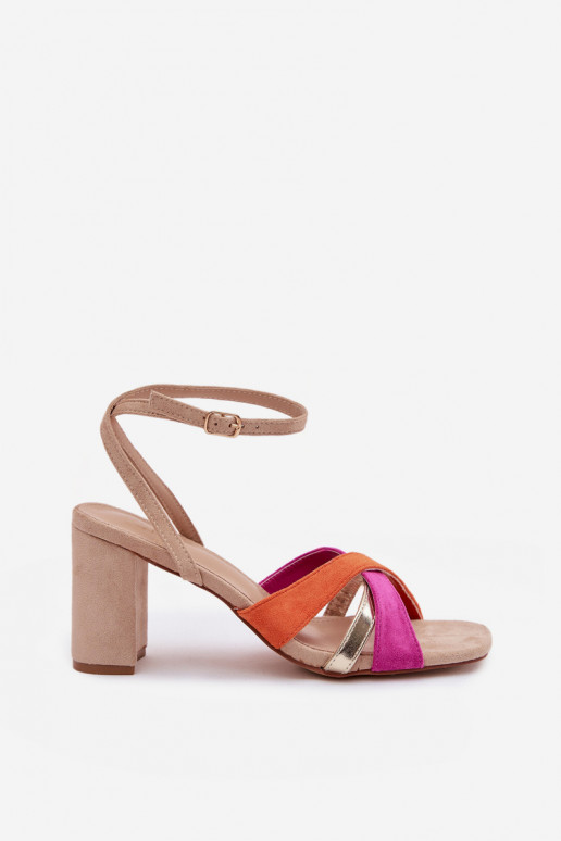 Women's Block Heel Sandals With Straps Eco Suede Beige Karilora