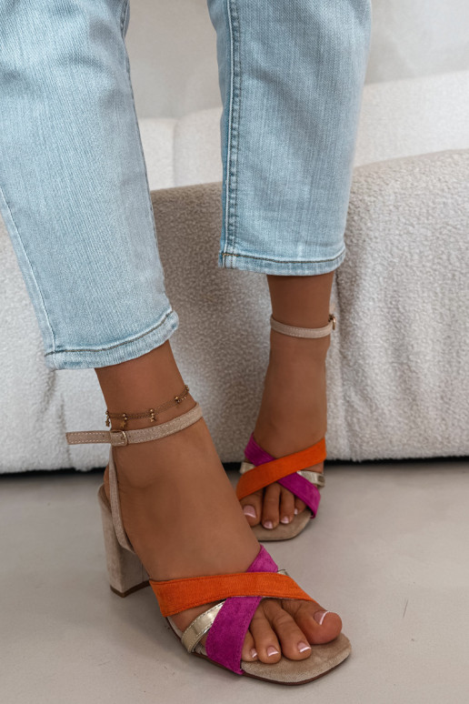 Women's Block Heel Sandals With Straps Eco Suede Beige Karilora