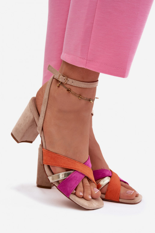 Women's Block Heel Sandals With Straps Eco Suede Beige Karilora