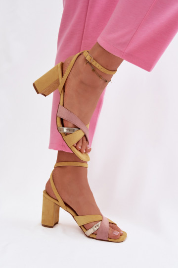 Women's Block Heel Sandals With Straps Eco Suede Yellow Karilora