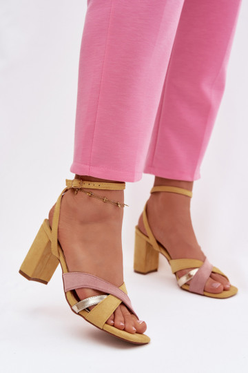 Women's Block Heel Sandals With Straps Eco Suede Yellow Karilora 2