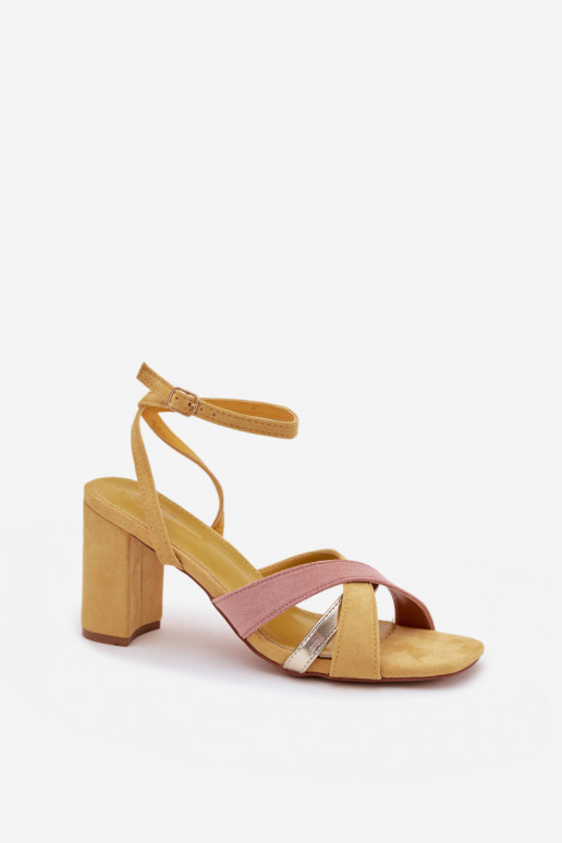 Sandały Damskie Na SłupkuwithPaskami Eko Zamszowe Żółte Karilora