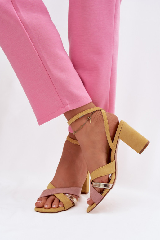 Sandały Damskie Na SłupkuwithPaskami Eko Zamszowe Żółte Karilora