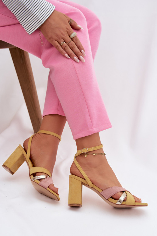 Women's Block Heel Sandals With Straps Eco Suede Yellow Karilora