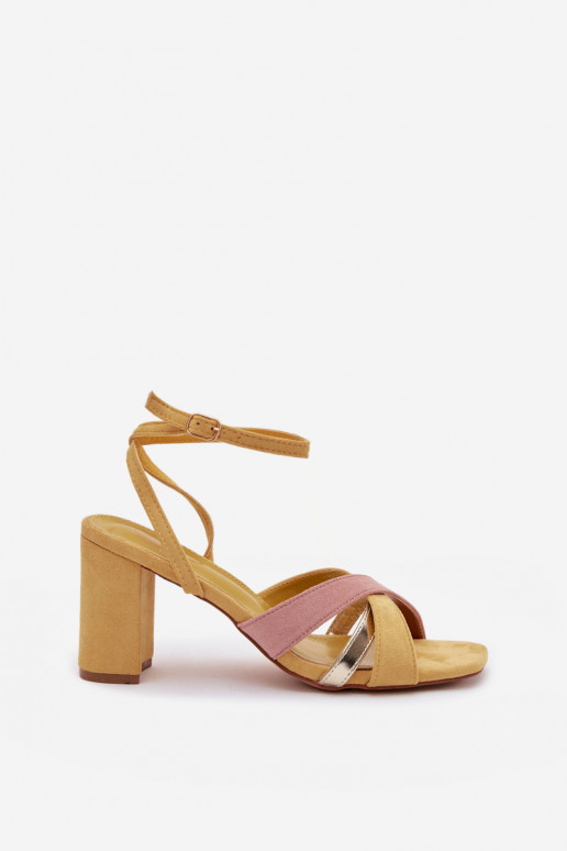 Women's Block Heel Sandals With Straps Eco Suede Yellow Karilora