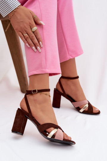 Women's Block Heel Sandals With Straps Eco Suede Chocolate Karilora