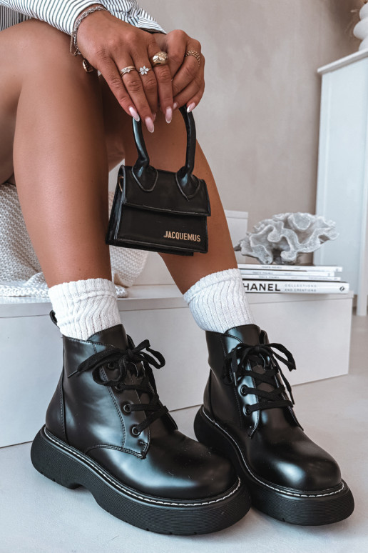 Women's Insulated Platform Ankle Boots Lace-Up Black Harmine