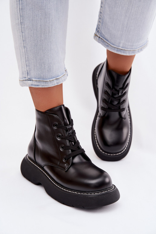 Women's Insulated Platform Ankle Boots Lace-Up Black Harmine