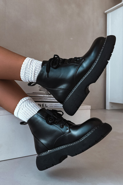 Women's Insulated Platform Ankle Boots Lace-Up Black Harmine