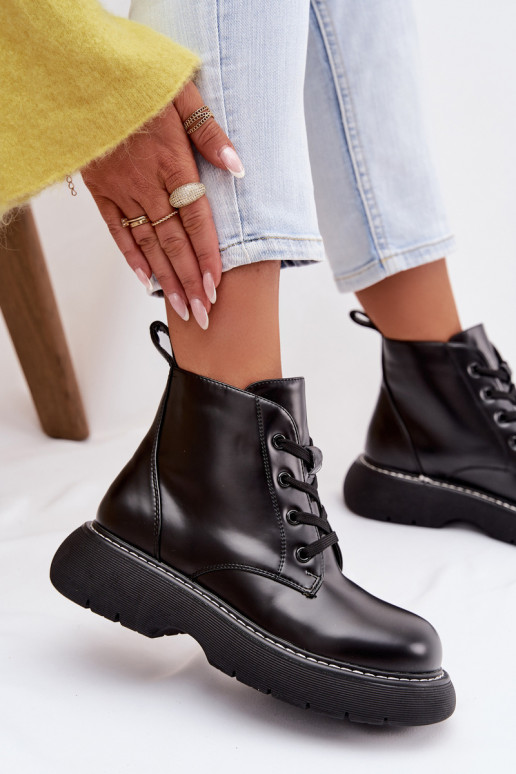 Women's Insulated Platform Ankle Boots Lace-Up Black Harmine