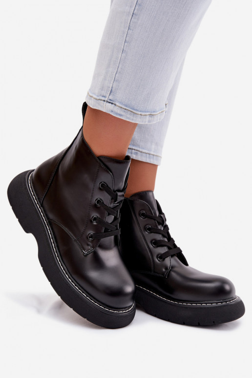 Women's Insulated Platform Ankle Boots Lace-Up Black Harmine