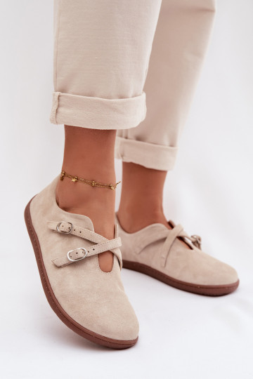 Leather Suede Women's Loafers With Straps Zazoo N1271 Light Beige