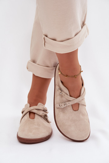 Skórzane Zamszowe Półbuty Barefoot DamskiewithPaskami Zazoo N1271 Jasnobeżowe 2